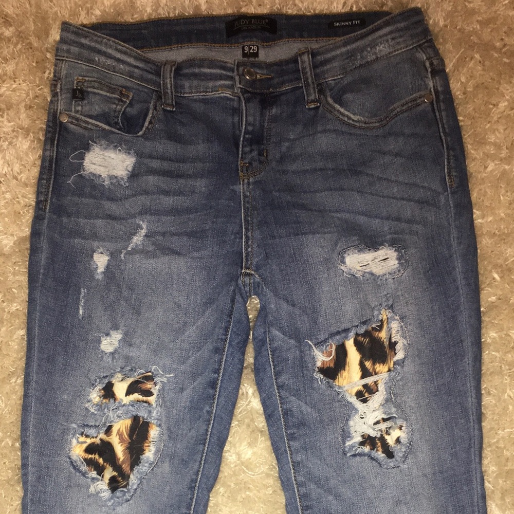 Denim Distressed Capri with Leopard Print Patches